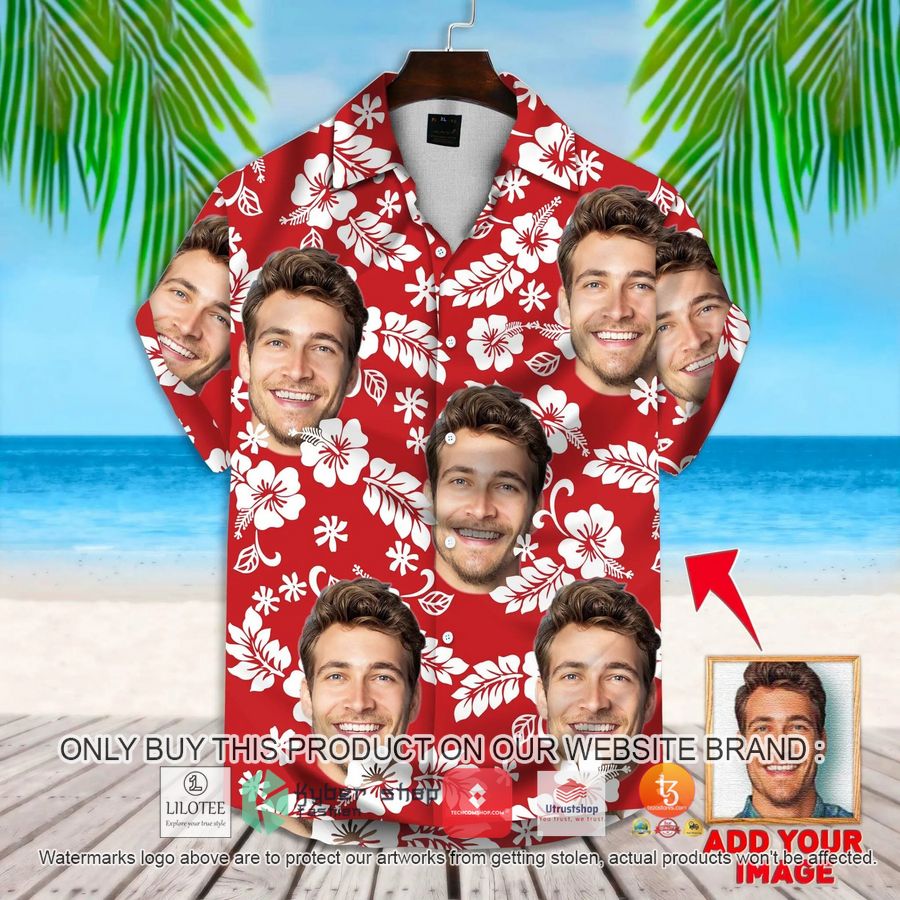personalized leaves flowers pattern red color custom photo hawaiian shirt 1 79608