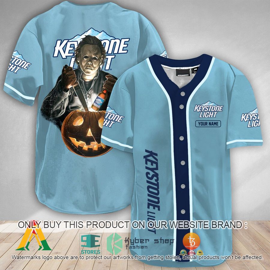 NEW Personalized Michael Myers Pumpkin Keystone Light Baseball Shirt 1 personalized michael myers pumpkin keystone light baseball jersey 1 57624