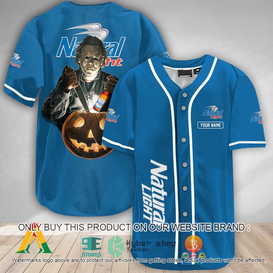 personalized michael myers pumpkin natural light baseball jersey 1 54876