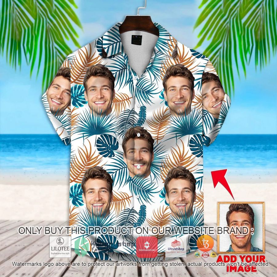 personalized palm leaves flowers pattern white color custom photo hawaiian shirt 1 44987