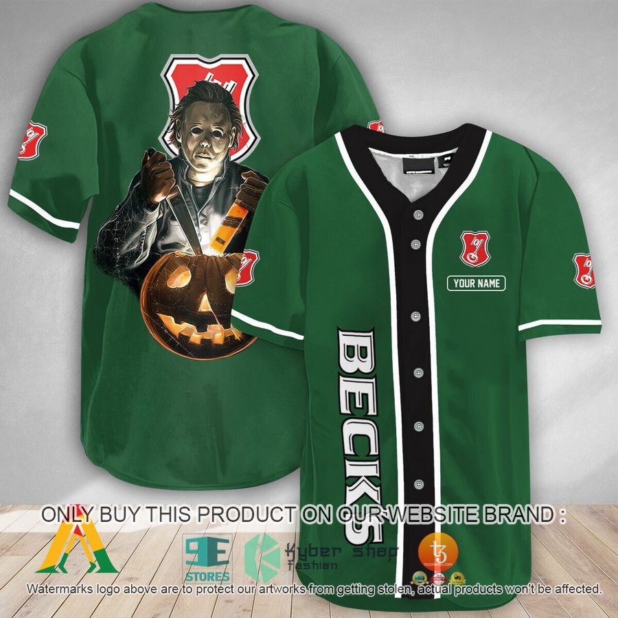 NEW Personalized Scary Michael Myers Pumpkin Beck's Beer Baseball Shirt 1 personalized scary michael myers pumpkin becks beer baseball jersey 1 19801