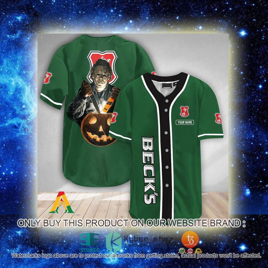 NEW Personalized Scary Michael Myers Pumpkin Beck's Beer Baseball Shirt 2 personalized scary michael myers pumpkin becks beer baseball jersey 2 9570