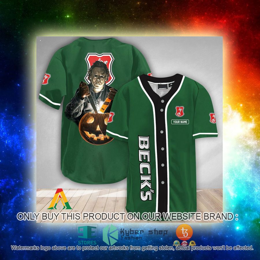 NEW Personalized Scary Michael Myers Pumpkin Beck's Beer Baseball Shirt 3 personalized scary michael myers pumpkin becks beer baseball jersey 3 26251