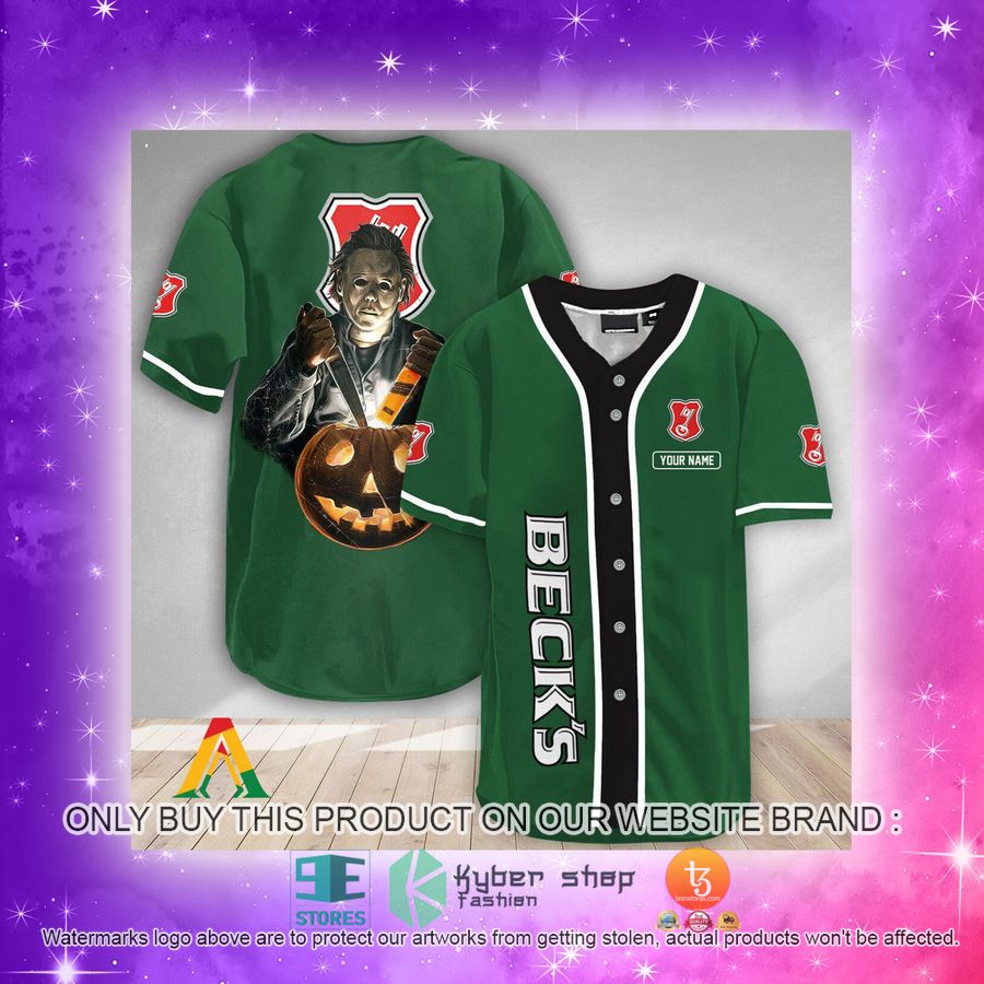 NEW Personalized Scary Michael Myers Pumpkin Beck's Beer Baseball Shirt 4 personalized scary michael myers pumpkin becks beer baseball jersey 4 13181