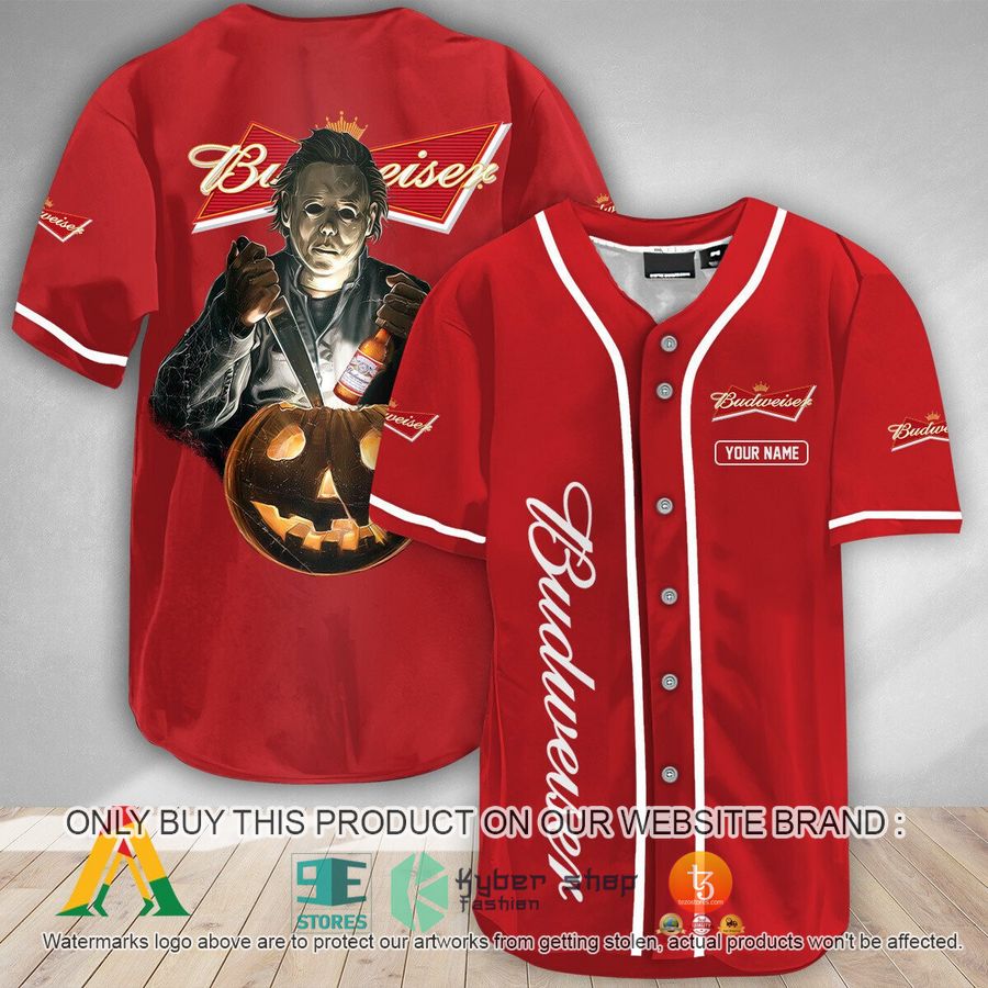personalized scary michael myers pumpkin budweiser baseball jersey 1 3605