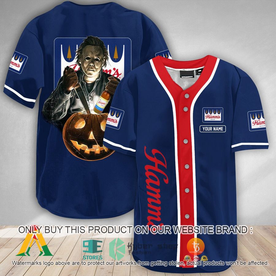 NEW Personalized Scary Michael Myers Pumpkin Hamm's Beer Baseball Shirt 1 personalized scary michael myers pumpkin hamms beer baseball jersey 1 60685