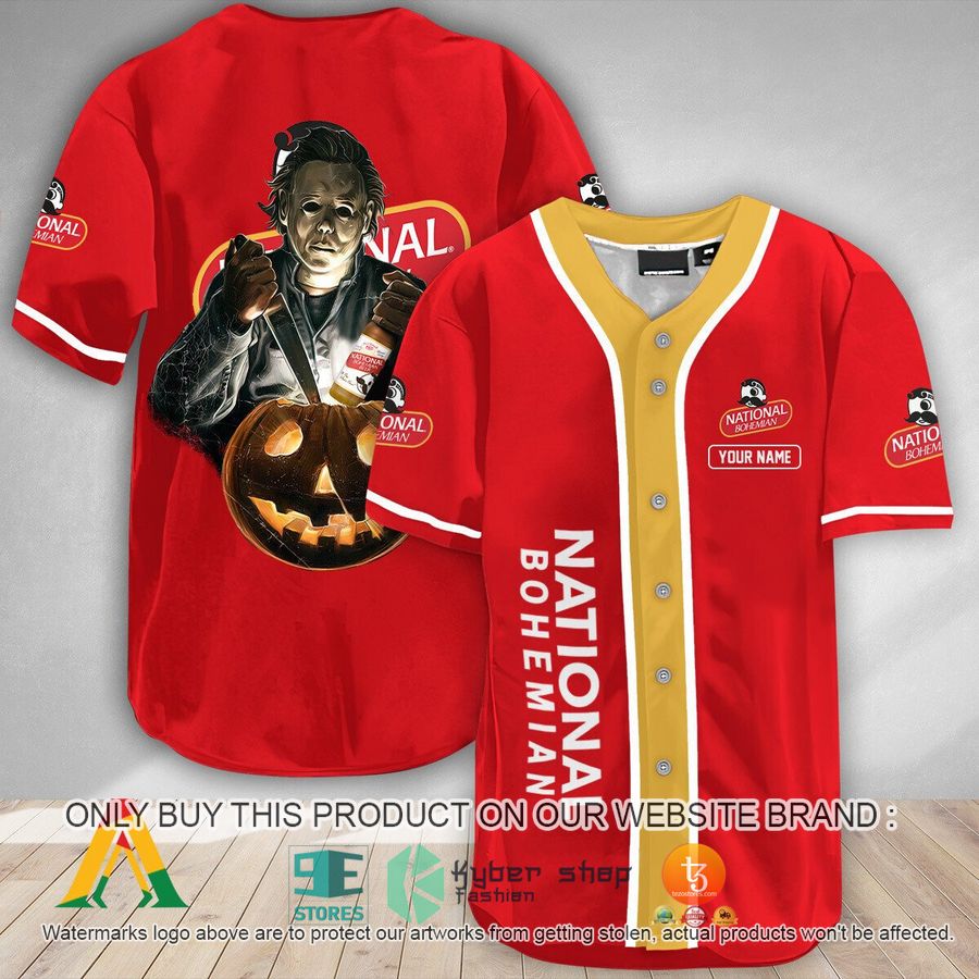 NEW Personalized Scary Michael Myers Pumpkin Natty Boh Man Baseball Shirt 9 personalized scary michael myers pumpkin natty boh man baseball jersey 1 67915