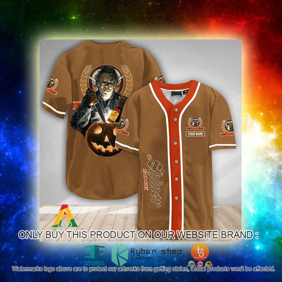 NEW Personalized Scary Michael Myers Pumpkin Shiner Bock Baseball Shirt 3 personalized scary michael myers pumpkin shiner bock baseball jersey 3 3056