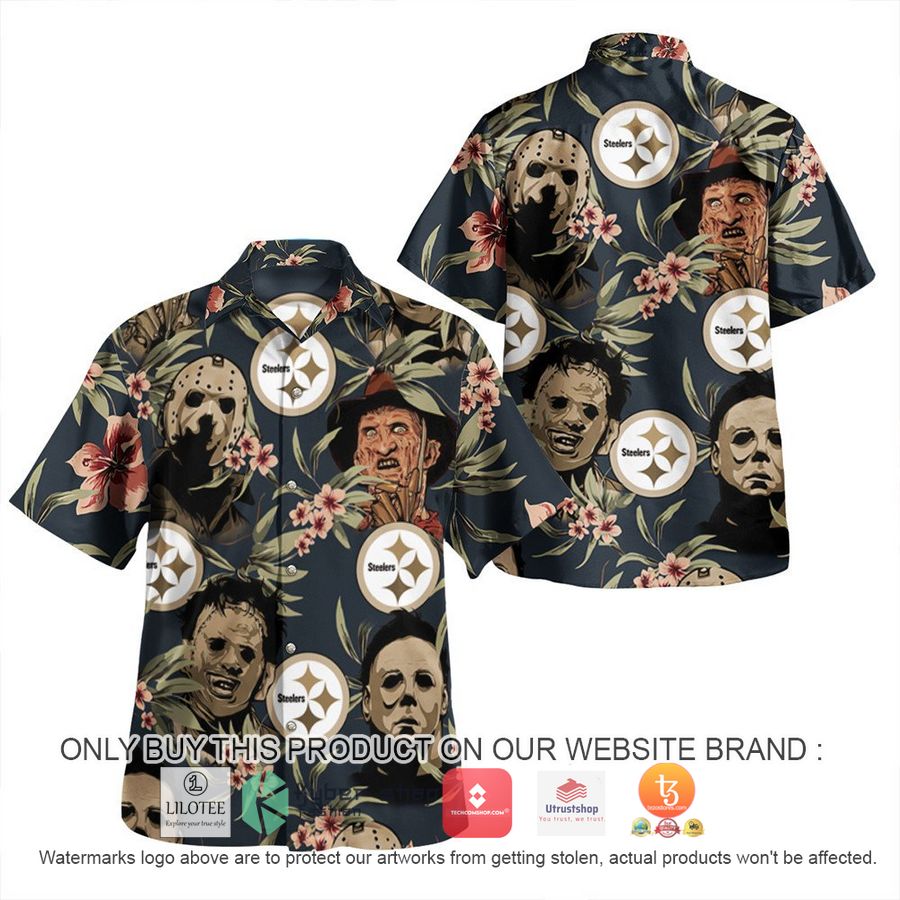 pittsburgh steelers hibiscus horror character halloween hawaiian shirt 1 17502