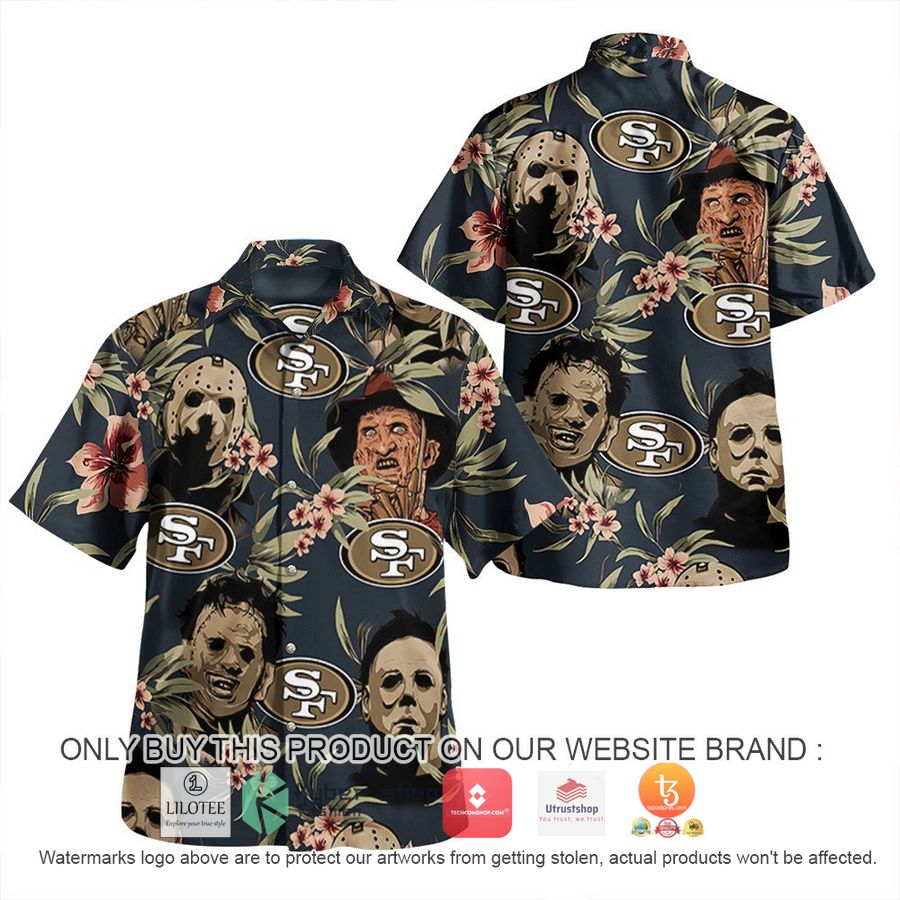 san francisco 49ers hibiscus horror character halloween hawaiian shirt 1 80021