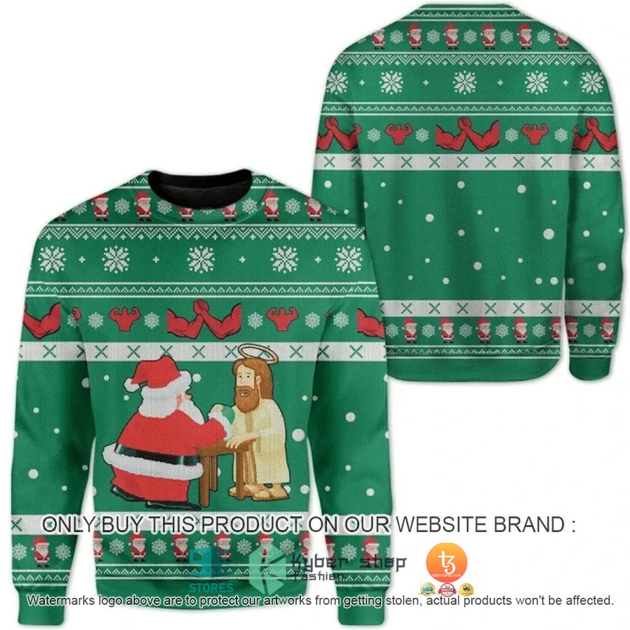 santa and jesus arm wrestling christmas ugly sweater 1 42250