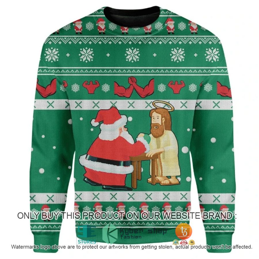 NEW Santa And Jesus Arm-Wrestling Christmas Sweatshirt, Sweater 2 santa and jesus arm wrestling christmas ugly sweater 2 61354