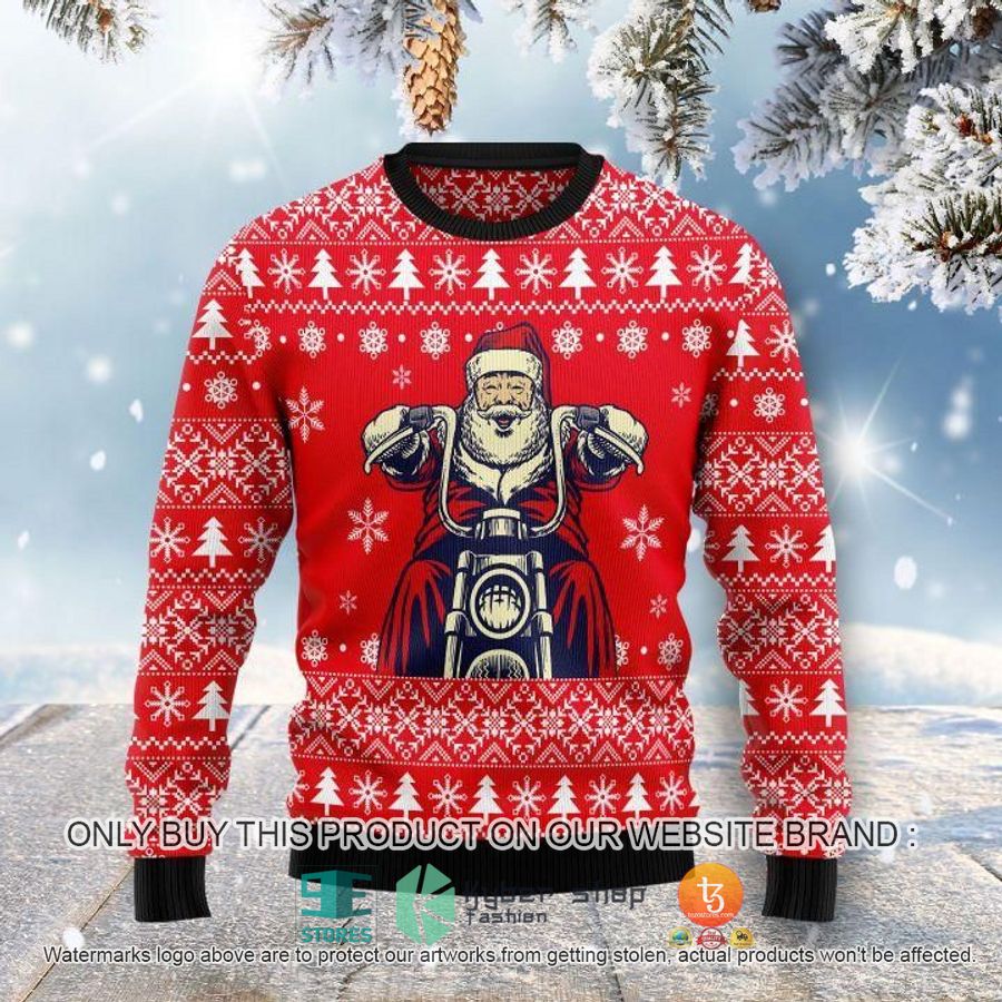 santa claus ride a motorcycle christmas ugly sweater 1 7714