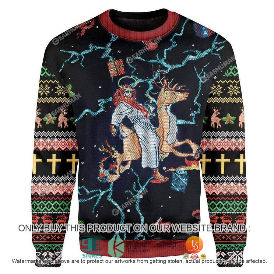 swag jesus rides reindeer christmas ugly sweater 1 7846