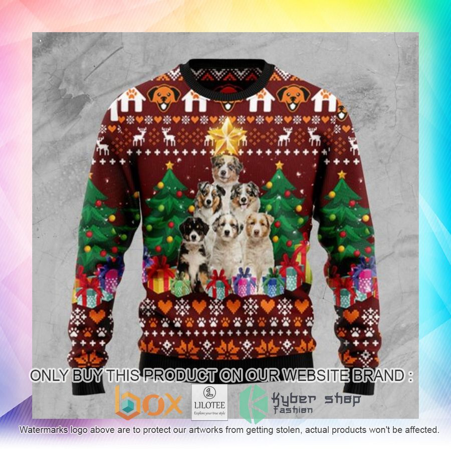 australian shepherd pine tree ugly christmas sweatshirt 2 74438