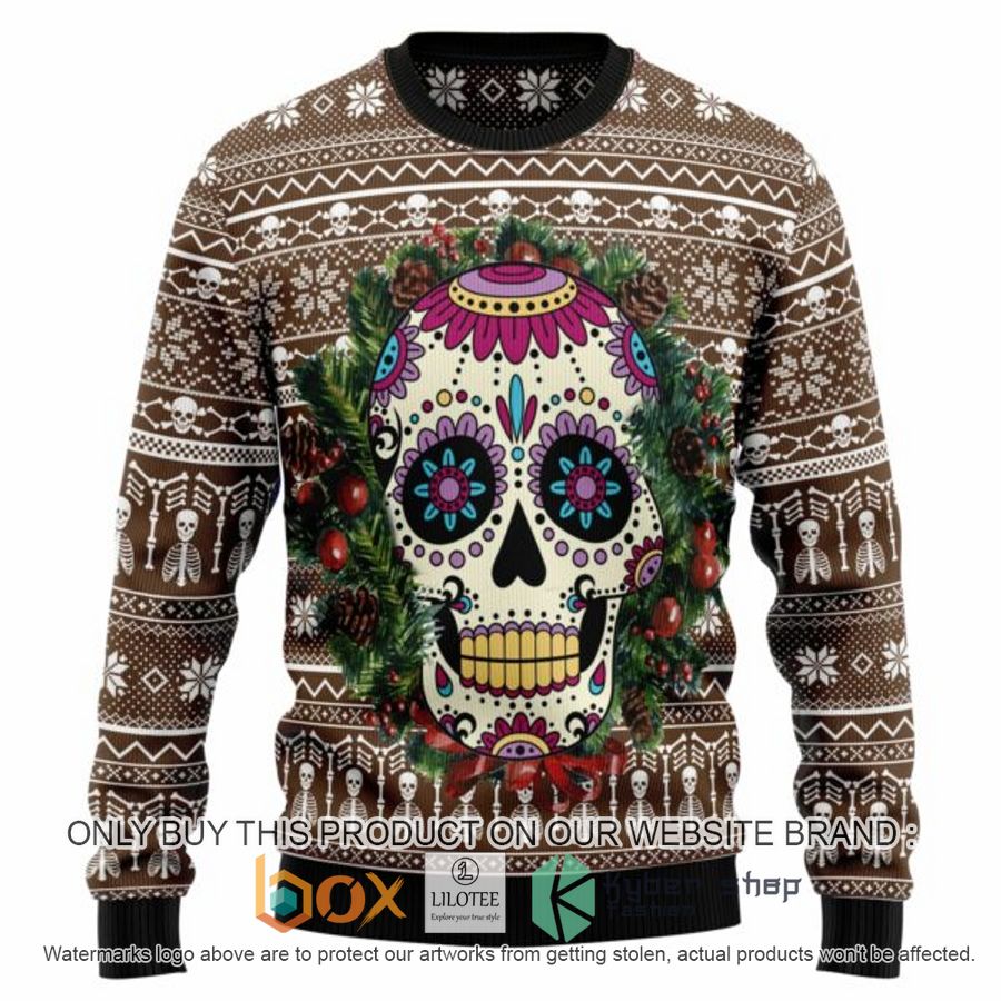 awesome sugar skull brown ugly christmas sweatshirt 1 13453