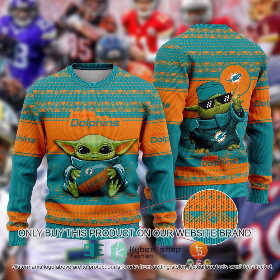 NEW Baby Yoda Miami Dolphins Christmas Ugly Sweater 1 baby yoda nfl miami dolphins ugly christmas sweater 1 17753
