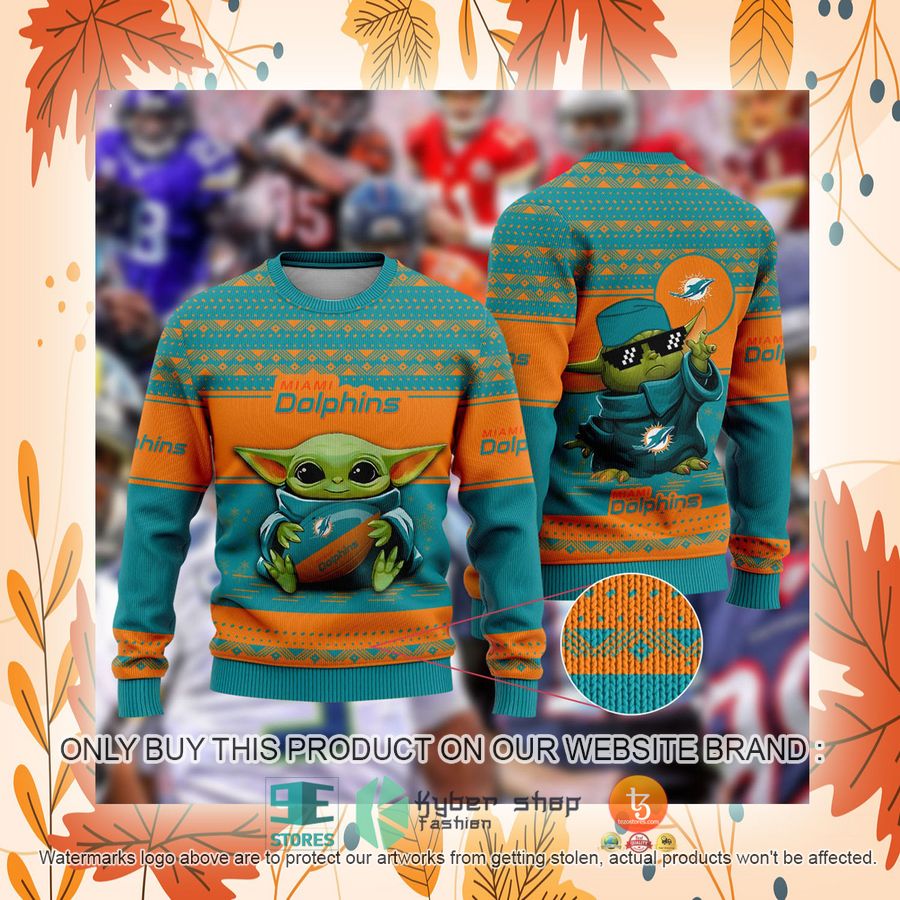 NEW Baby Yoda Miami Dolphins Christmas Ugly Sweater 2 baby yoda nfl miami dolphins ugly christmas sweater 2 48213