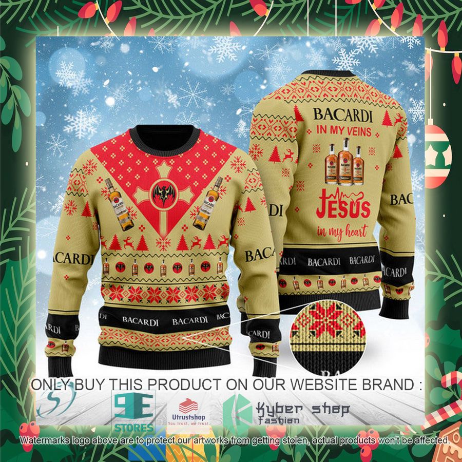 bacardi rum in my veins jesus in my heart ugly christmas sweater 2 2405