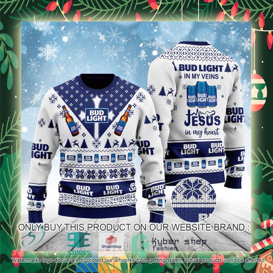 bud light in my veins jesus in my heart ugly christmas sweater 2 85623