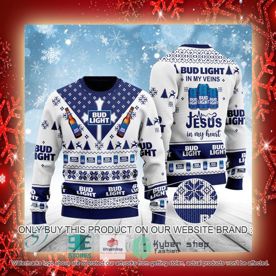 NEW Bud Light In My Veins Jesus In My Heart Christmas Ugly Sweater 3 bud light in my veins jesus in my heart ugly christmas sweater 3 8015