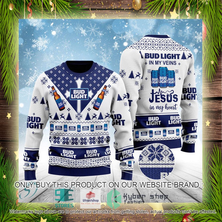 NEW Bud Light In My Veins Jesus In My Heart Christmas Ugly Sweater 4 bud light in my veins jesus in my heart ugly christmas sweater 4 83135