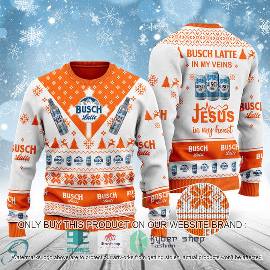 busch latte in my veins jesus in my heart ugly christmas sweater 1 86825