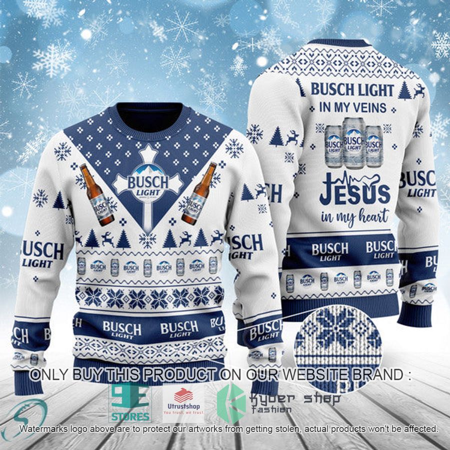 busch light in my veins jesus in my heart ugly christmas sweater 1 11074