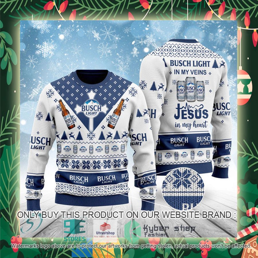 busch light in my veins jesus in my heart ugly christmas sweater 2 63120