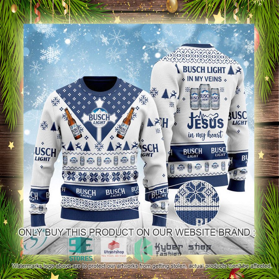 NEW Busch Light In My Veins Jesus In My Heart Christmas Ugly Sweater 4 busch light in my veins jesus in my heart ugly christmas sweater 4 25649