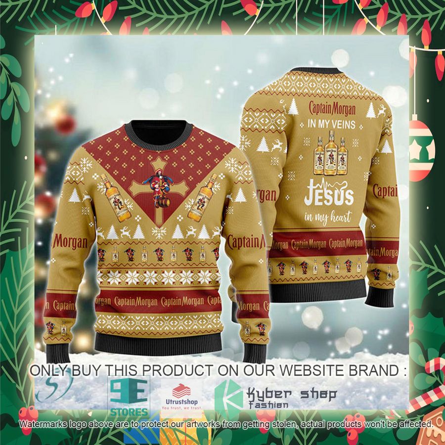 captain morgan in my veins jesus in my heart ugly christmas sweater 2 14034