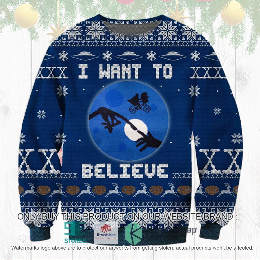 NEW E.T. the Extra-Terrestrial I Want To Believe blue Ugly Sweater 9 e t the extra terrestrial i want to believe blue ugly christmas sweater 1 31538