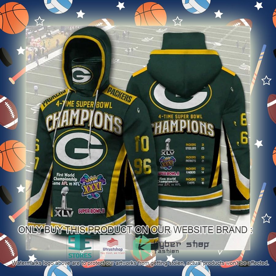NEW Green Bay Packers 4 Times Super Bowl Champions 3D Hoodie Mask 3 green bay packers 4 times super bowl champions 3d hoodie mask 3 65599