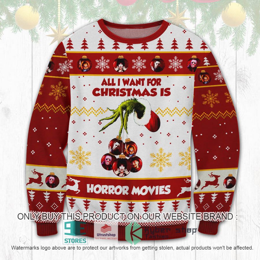 NEW Grinch All I Want For Christmas Is Horror Movies Ugly Sweater 8 grinch all i want for christmas is horror movies ugly christmas sweater 1 46434