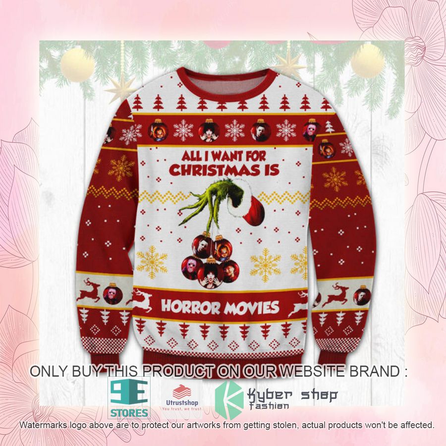 NEW Grinch All I Want For Christmas Is Horror Movies Ugly Sweater 2 grinch all i want for christmas is horror movies ugly christmas sweater 2 43322