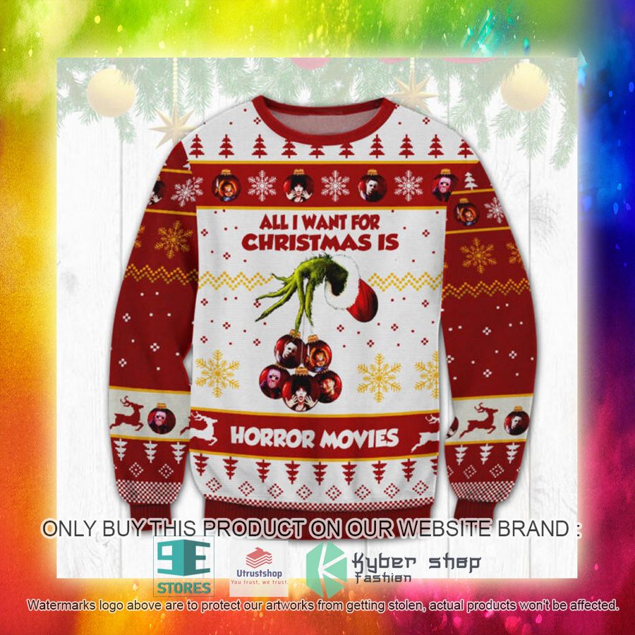 NEW Grinch All I Want For Christmas Is Horror Movies Ugly Sweater 3 grinch all i want for christmas is horror movies ugly christmas sweater 3 62043