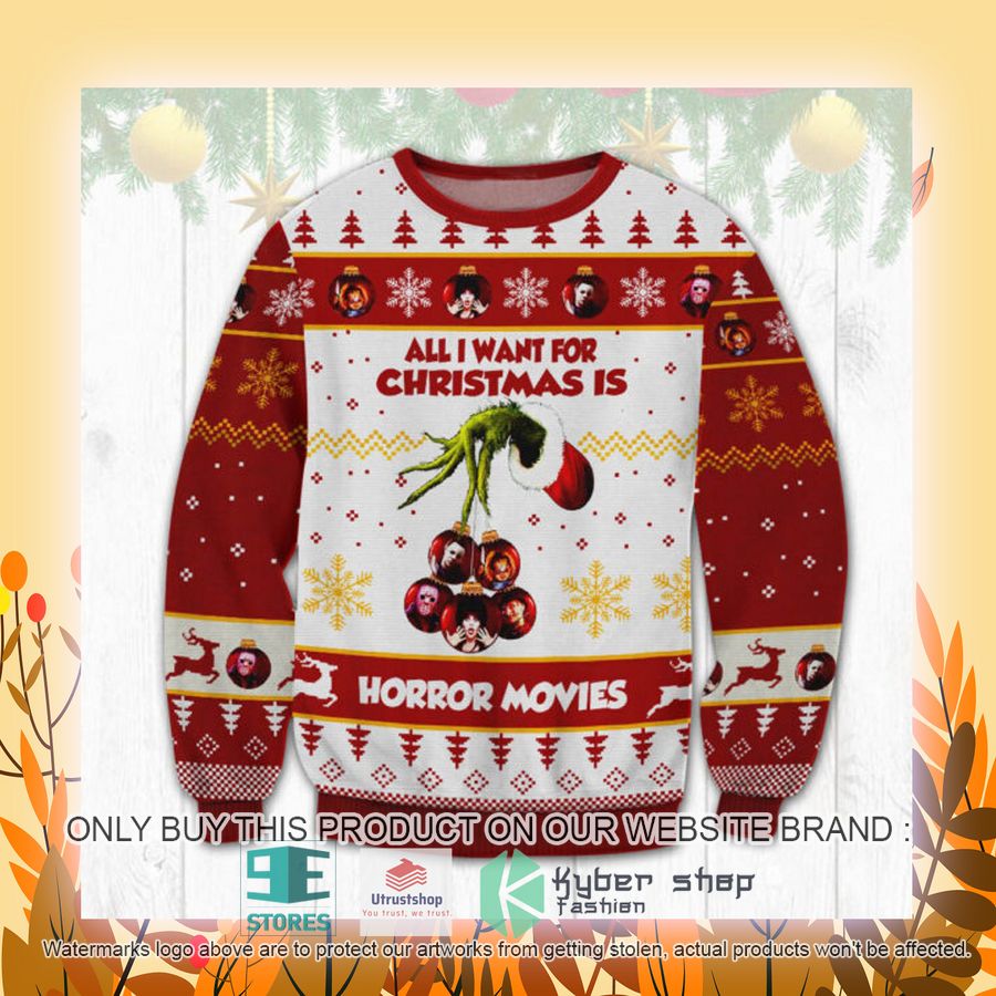 NEW Grinch All I Want For Christmas Is Horror Movies Ugly Sweater 4 grinch all i want for christmas is horror movies ugly christmas sweater 4 13906
