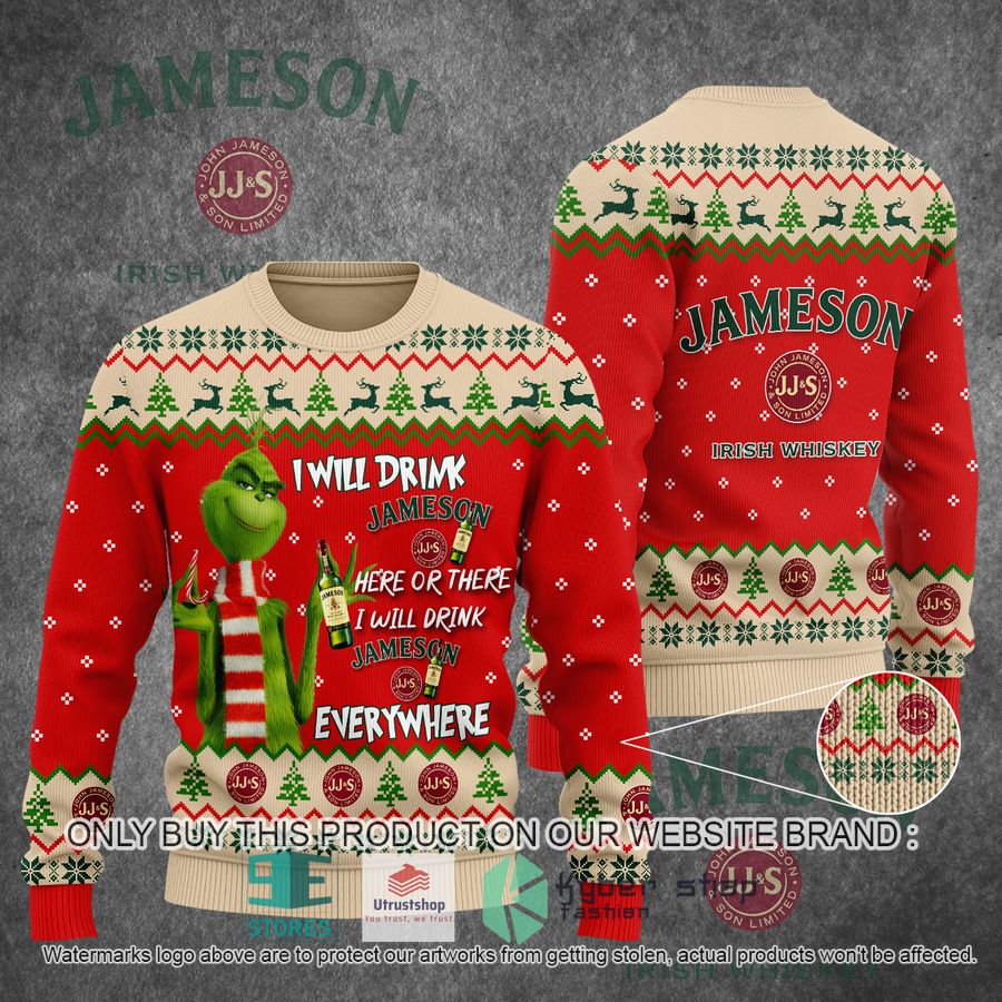 grinch i will drink jameson everywhere ugly christmas sweater 1 81405