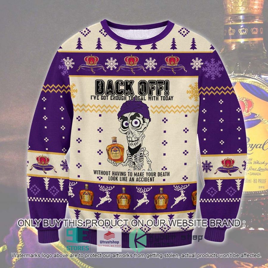 NEW Jeff Dunham Crown Royal Back Off Ugly Sweater 8 jeff dunham crown royal back off ugly christmas sweater 1 86074