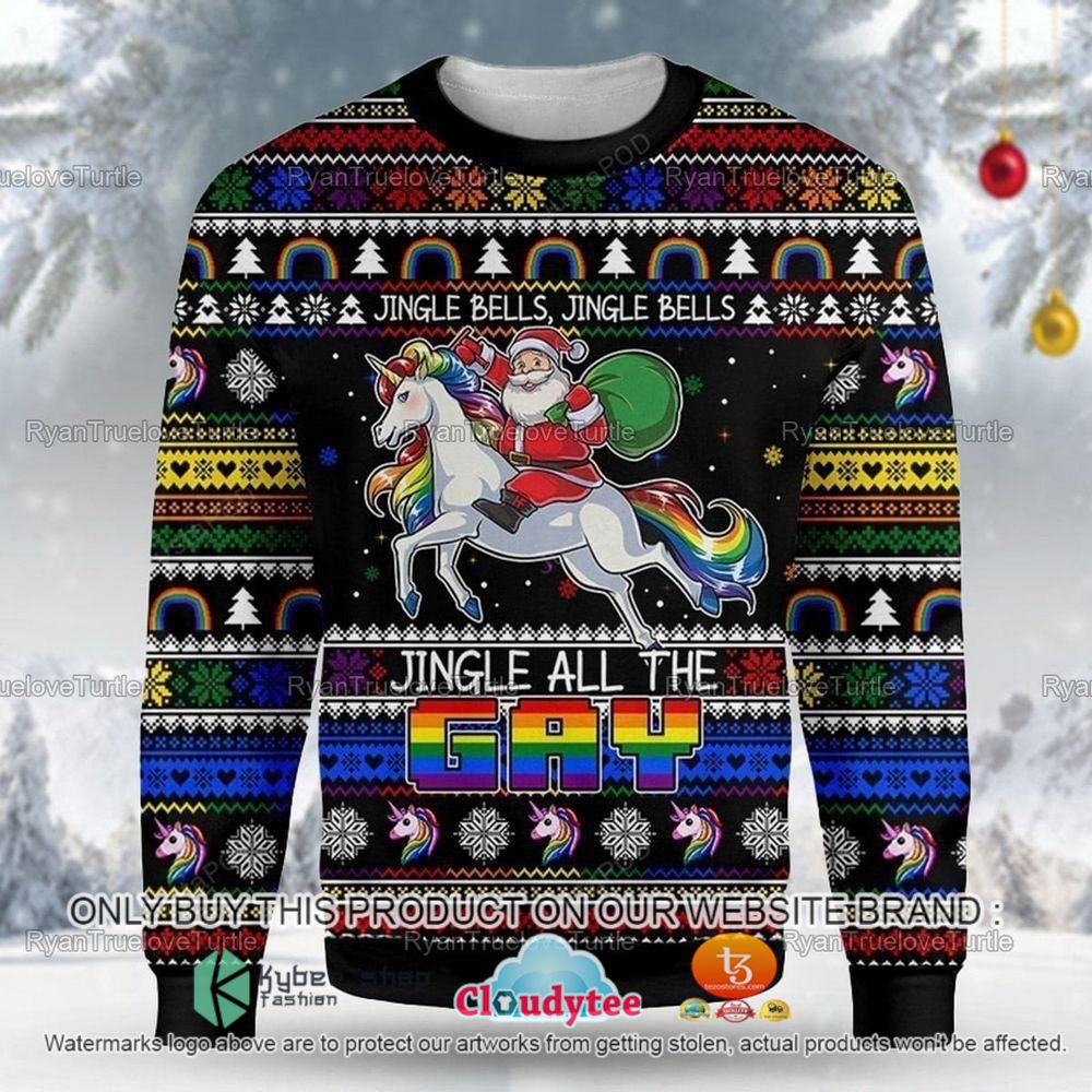 jingle bell jingle bell jingle all the gay santa and unicorn ugly sweater 2 12752