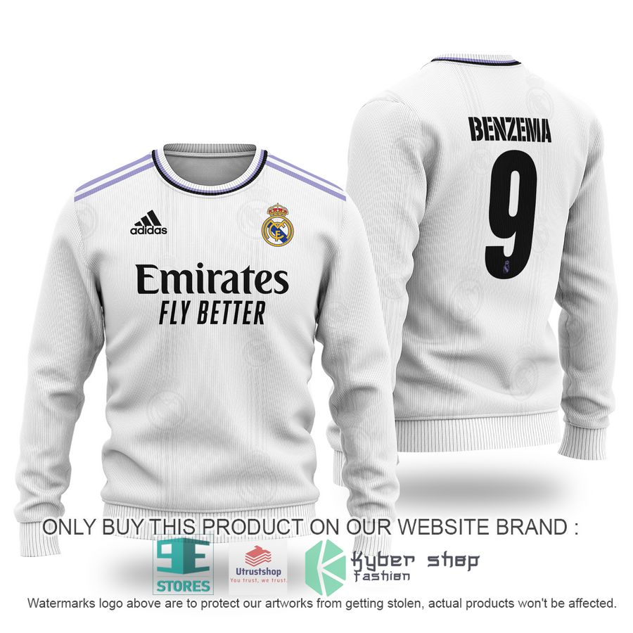 karim benzema 9 real madrid fc emirates fly better white sweater 1 3333