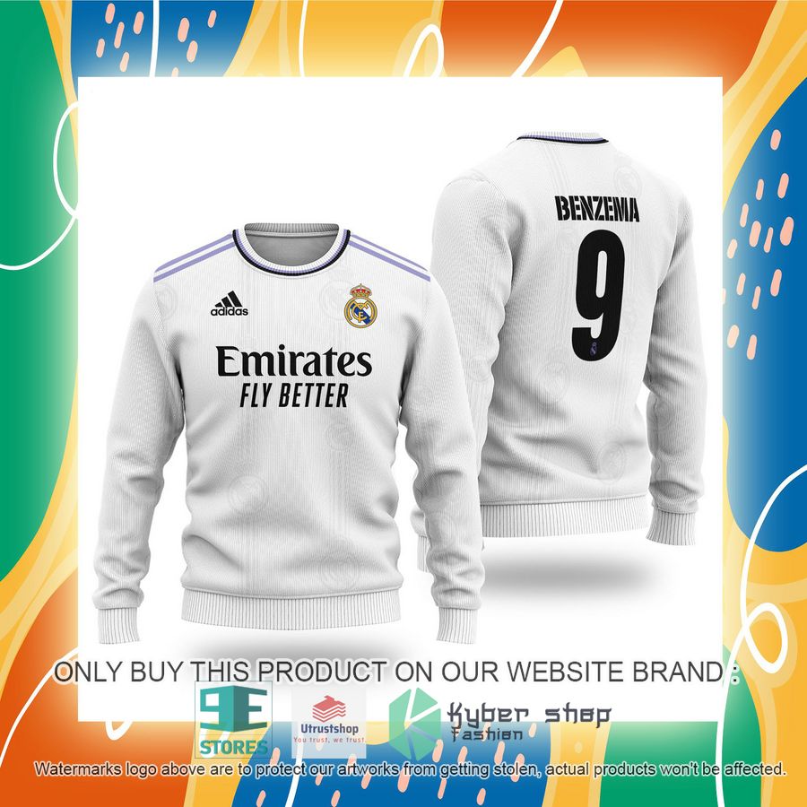 karim benzema 9 real madrid fc emirates fly better white sweater 2 14018