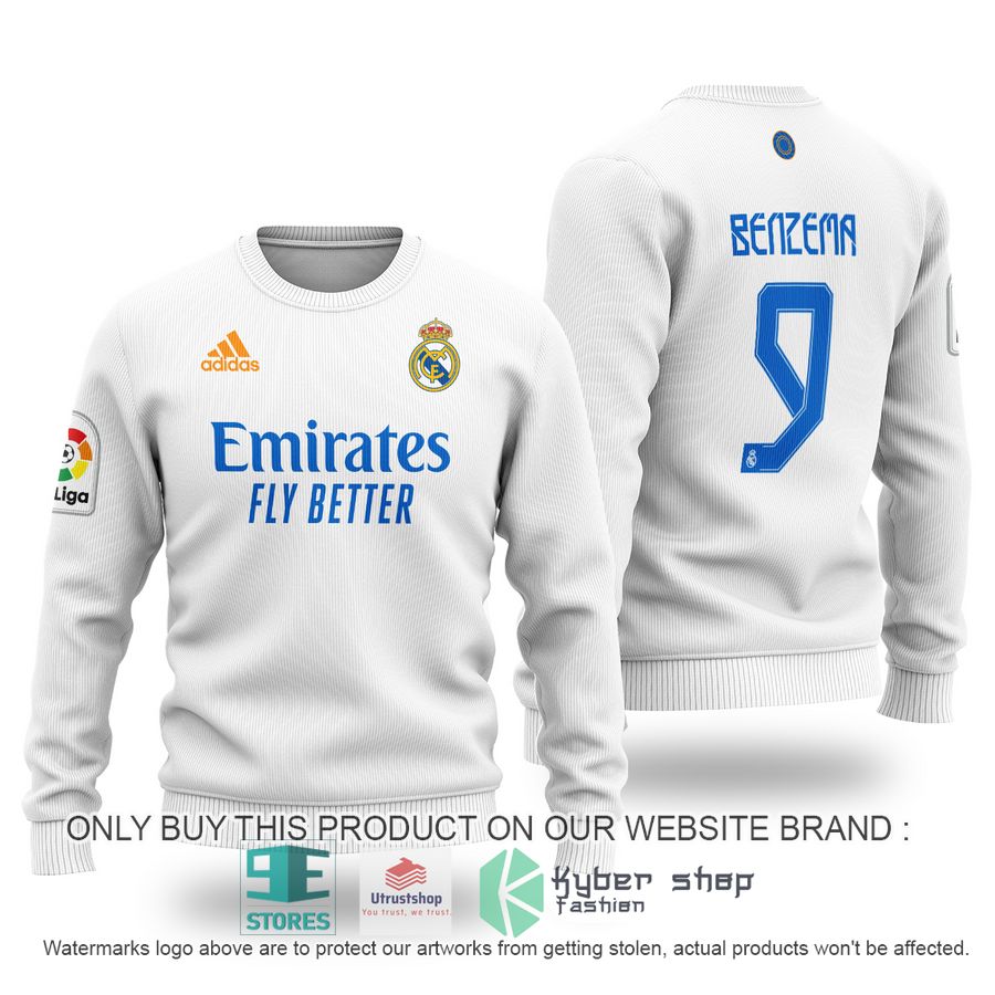 karim benzema 9 real madrid fc la liga emirates fly better white sweater 1 28747