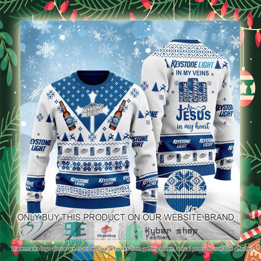 keystone light in my veins jesus in my heart ugly christmas sweater 2 35694