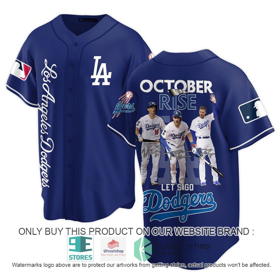 los angeles dodgers october rise lets go dodgers dark blue baseball jersey 1 98257