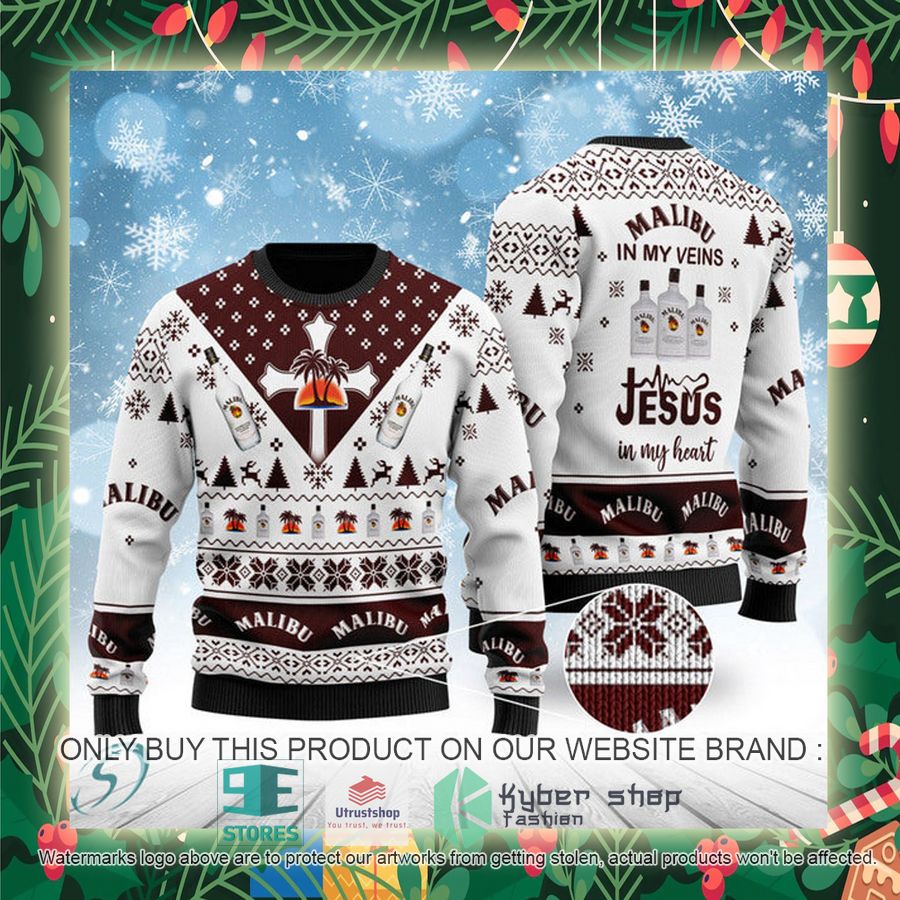 malibu rum in my veins jesus in my heart ugly christmas sweater 2 12328