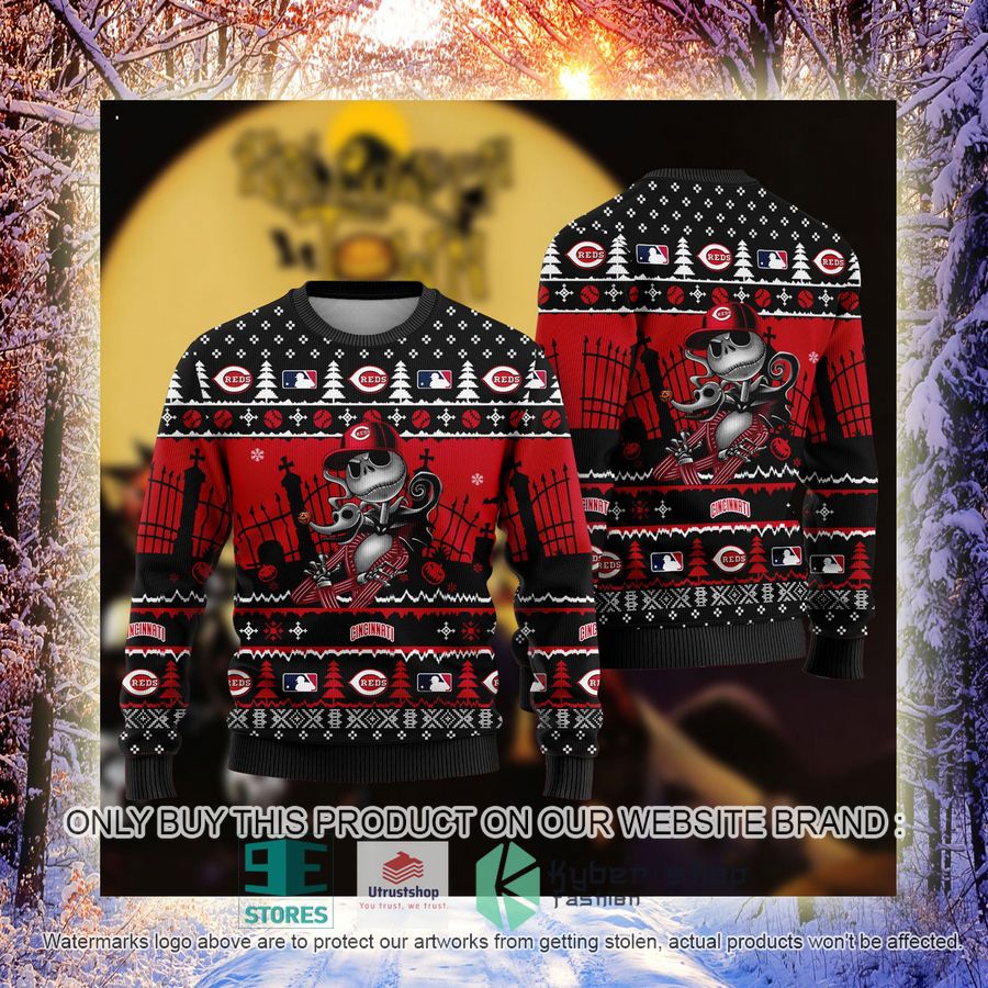 NEW Jack Skellington Cincinnati Reds Sweatshirt 4 mlb jack skellington cincinnati reds ugly christmas sweater 4 37102