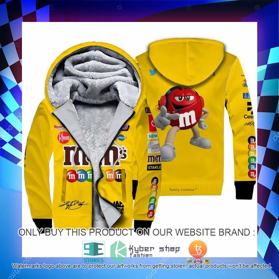 HOT M&M Kyle Busch Yellow Racing Fleece Zipper Hoodie 4 mm kyle busch yellow racing fleece hoodie 4 3432