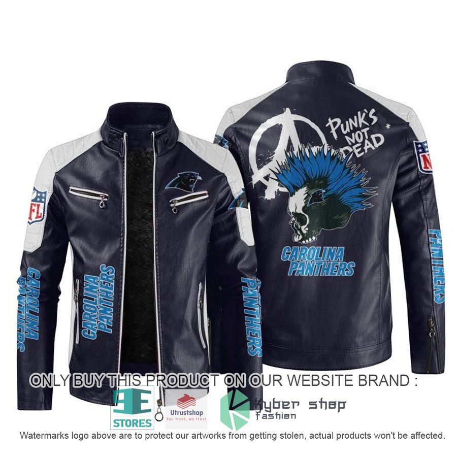NEW Carolina Panthers Punk's Not Dead Skull color block leather jacket 3 nfl carolina panthers punks not dead skull block leather jacket 3 85452