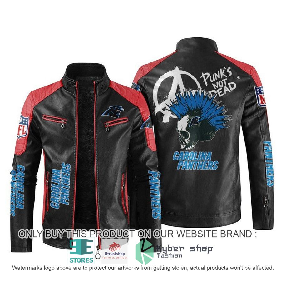 NEW Carolina Panthers Punk's Not Dead Skull color block leather jacket 4 nfl carolina panthers punks not dead skull block leather jacket 4 46858